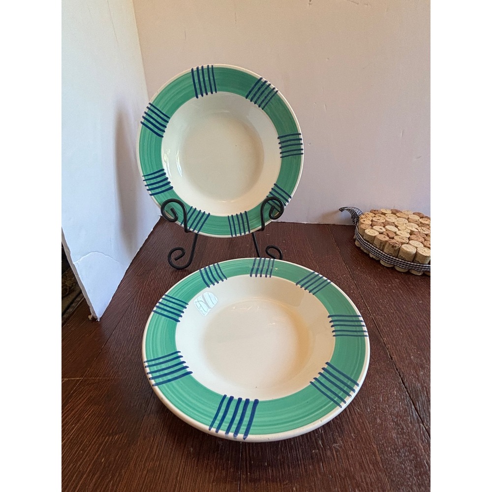Pier 1 Imports Italy Handpainted Pasta Bowls Set 2 Teal Blue Striped Rim 9.25"